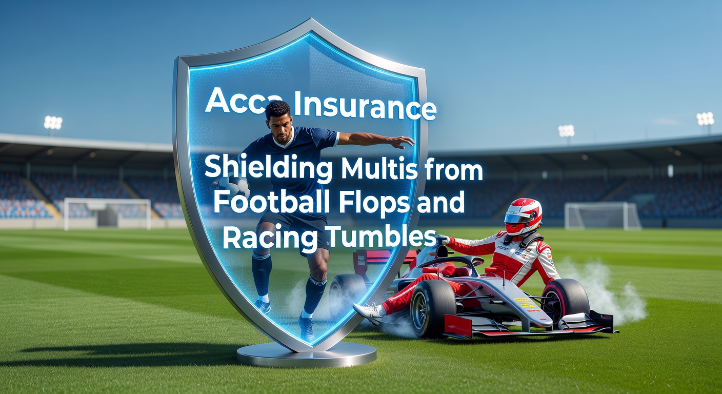 A dynamic graphic showing a football accumulator bet with one leg failing, yet protected by an insurance shield, alongside horse racing multis tumbling but safeguarded