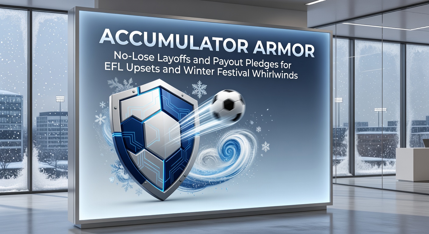 A dynamic accumulator bet slip highlighting EFL underdogs and winter jumps racing favorites, shielded by promotional icons for insurance and early payouts