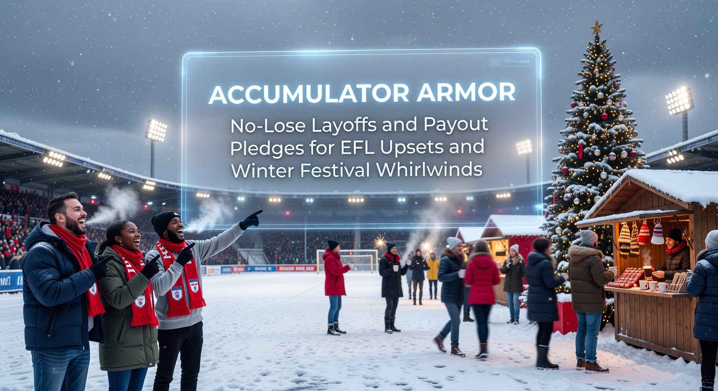 Bookmaker promo banner showcasing early payout triggers on an EFL accumulator alongside a winter jumps festival racecard, with refund icons glowing