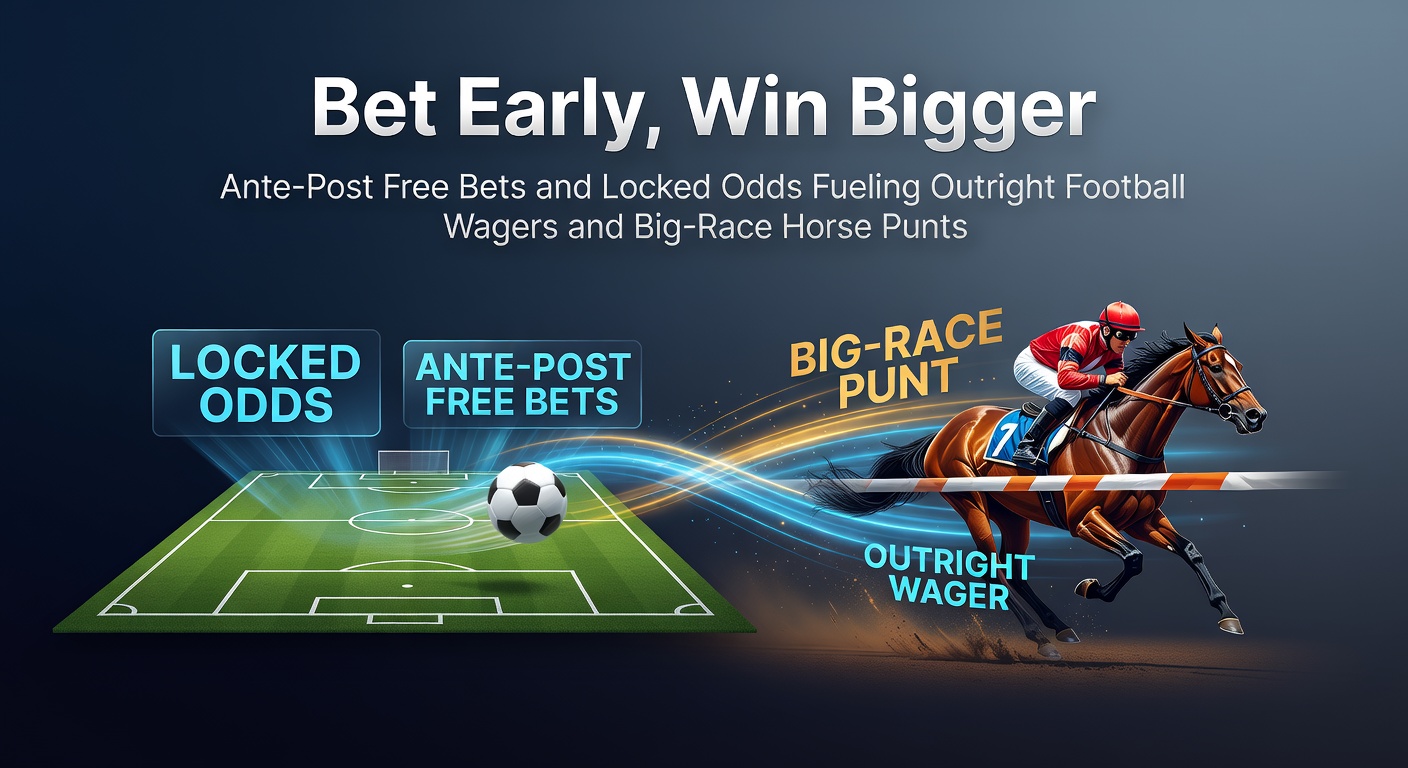 Graphic showing ante-post betting slips for football leagues and horse races with locked odds and free bet icons