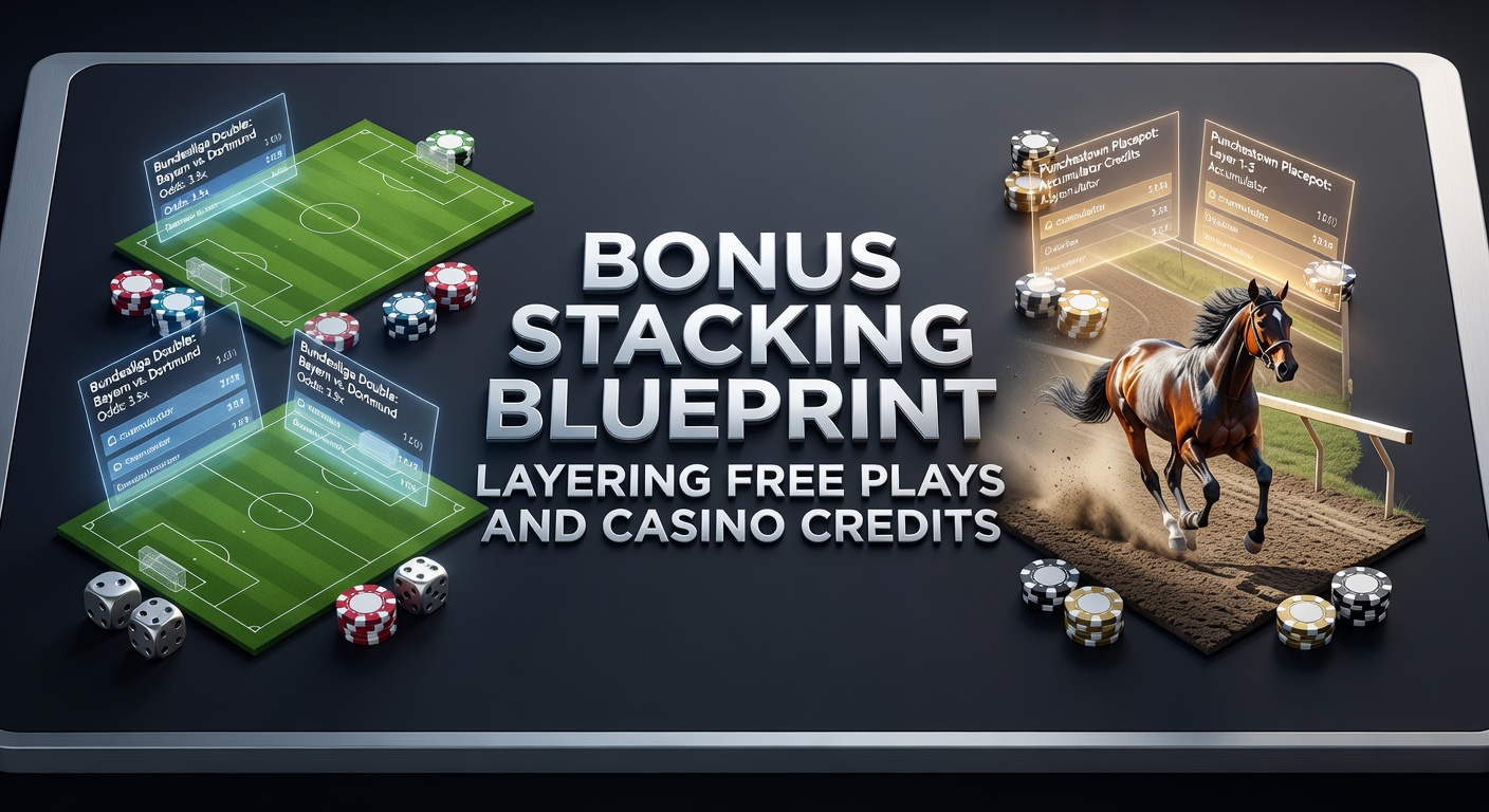 Visual blueprint showing layered betting slips with free plays and casino credits overlaid on Bundesliga match graphics and Punchestown racecourse imagery