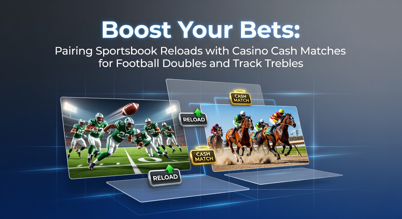 Sportsbook interface showing reload bonus activation alongside casino slots and football match odds for doubles