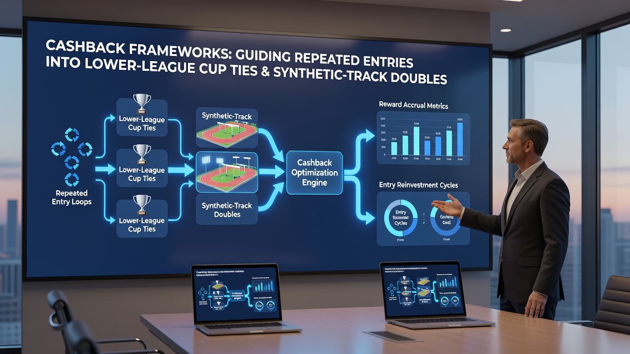 Synthetic racecourse scene with betting terminal showing cashback balance updates