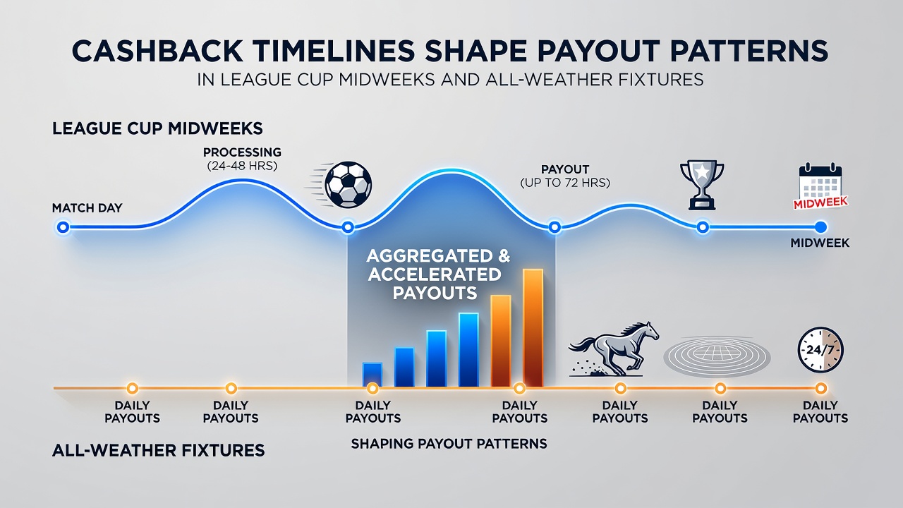 Payout pattern graphs showing cashback timeline effects on midweek League Cup and all-weather betting volumes