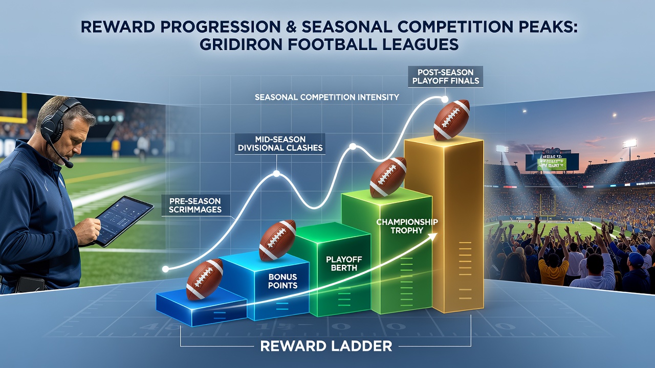 Chart showing reward tier progression mapped against monthly competition peaks for football leagues and endurance races