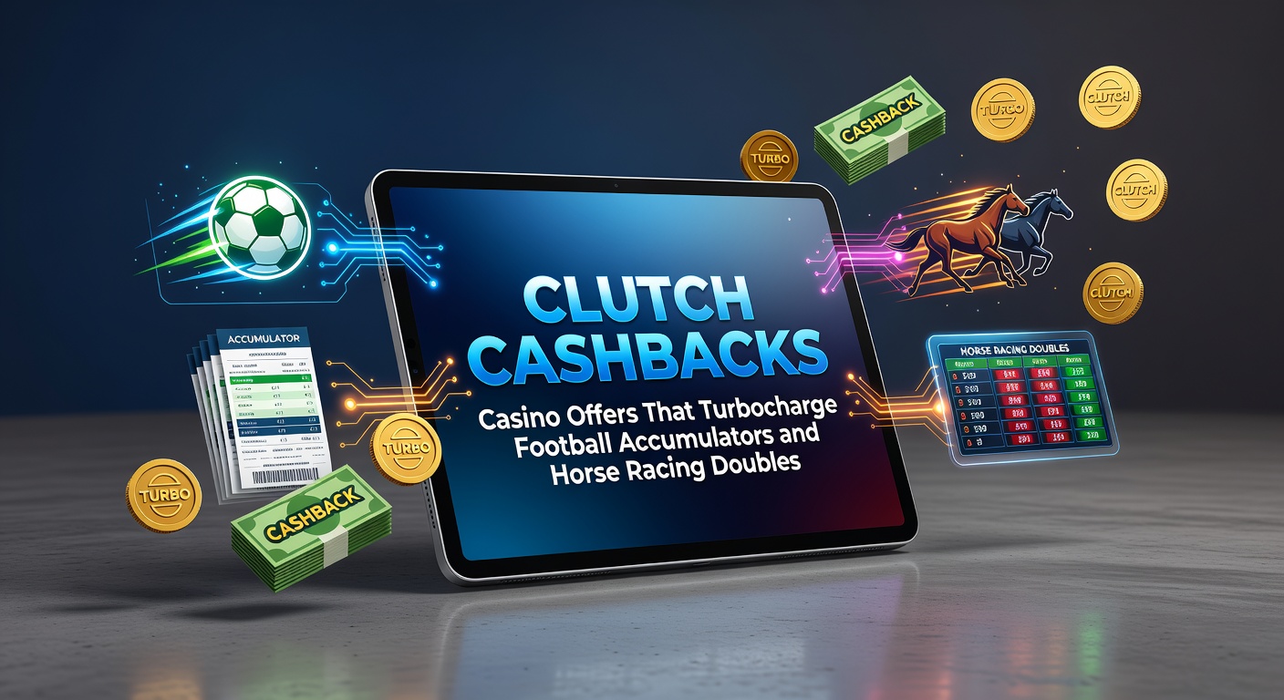 Dynamic graphic showing cashback coins fueling a soaring football accumulator bet slip alongside casino slots