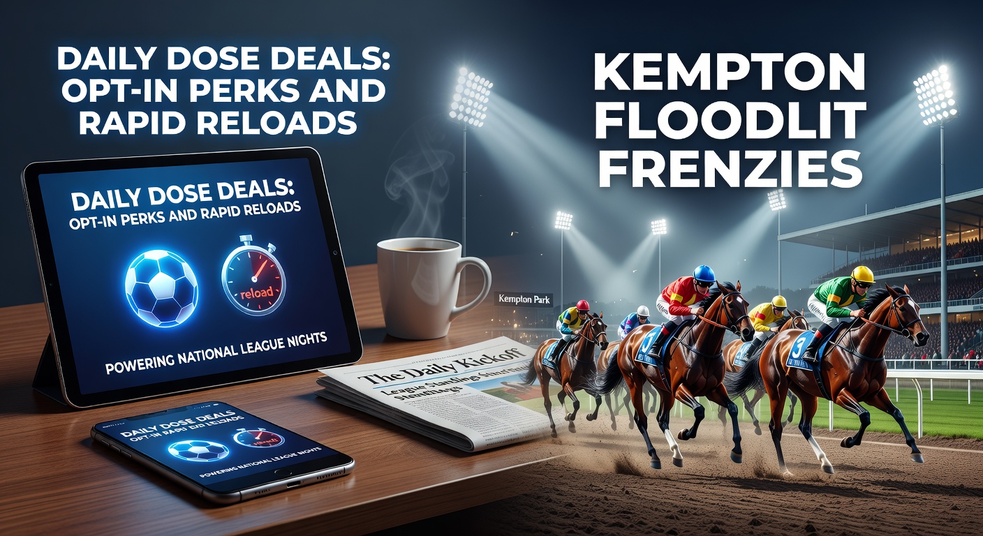 Crowd at a floodlit Kempton racecourse with punters checking bets on National League football via mobile apps under evening lights