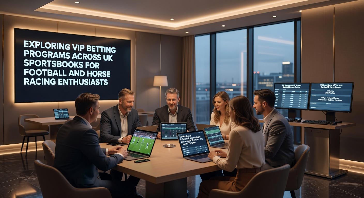VIP bettor reviewing enhanced odds on a tablet during a live football match, with horse racing form guide nearby
