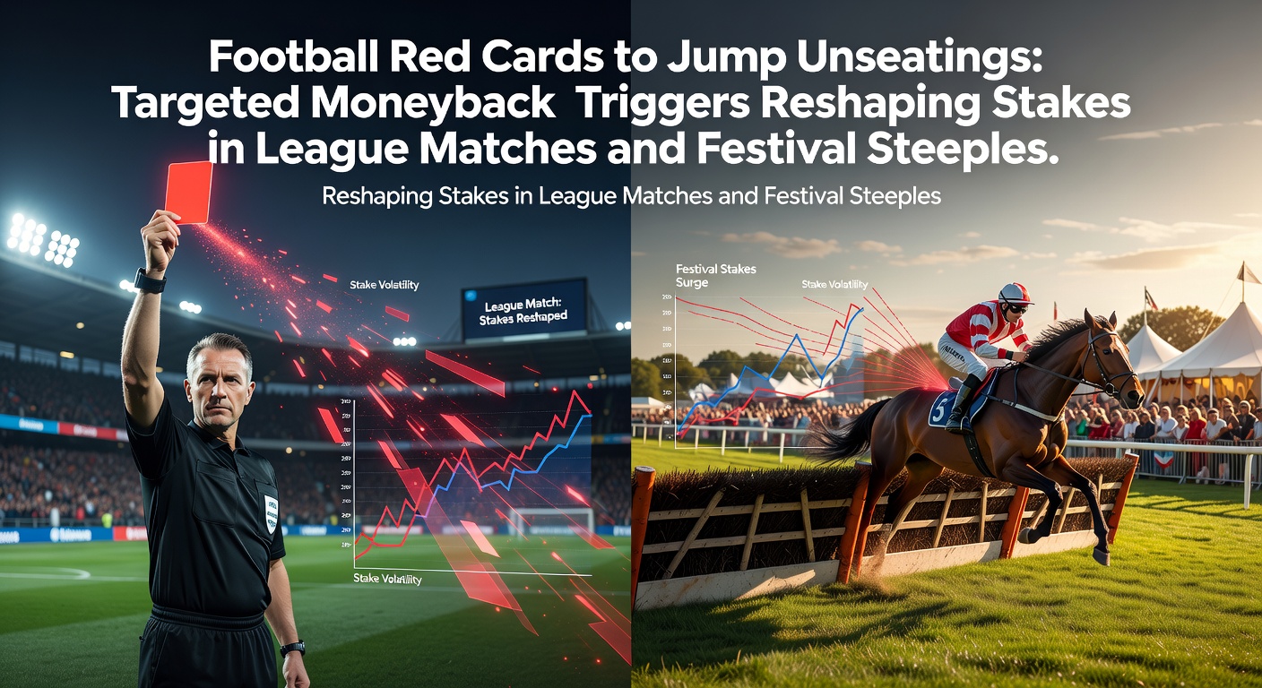A referee issuing a red card to a footballer during an intense league match, highlighting the high-stakes moment that triggers moneyback promotions