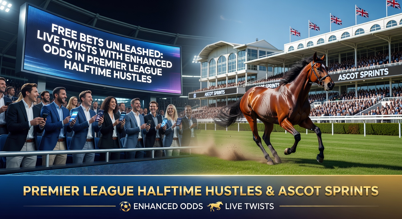 Dynamic scene of Premier League halftime action with overlaid betting odds and free bet icons, capturing the intensity of live wagers during a match break