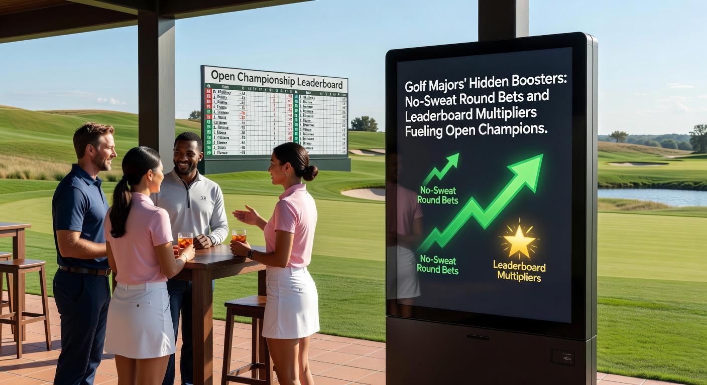 Close-up of PGA Championship leaderboard with multipliers highlighted, golfers walking fairway under stadium lights