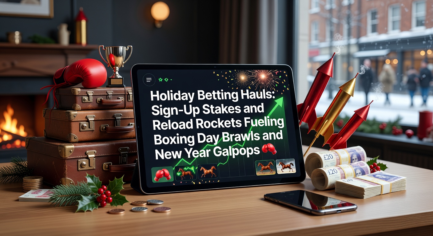 Vibrant scene of Boxing Day boxing ring action overlaid with holiday betting promotions highlighting sign-up bonuses and reload offers