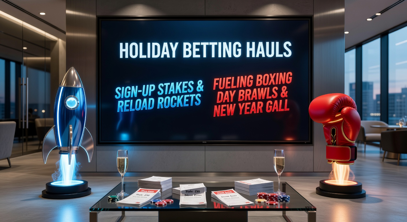Dynamic New Year's Day horse racing at a gallop with overlaid graphics of reload bonus explosions and festive betting slips