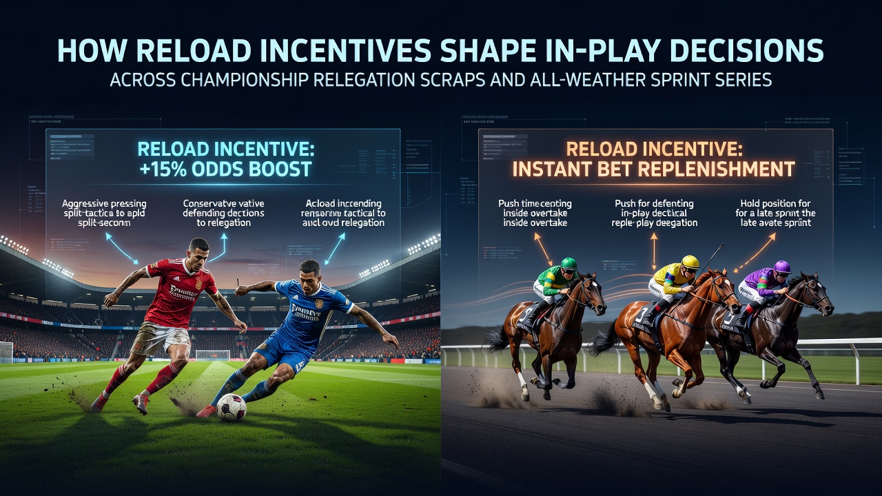Reload incentives displayed on a betting app during a live Championship match and all-weather horse race
