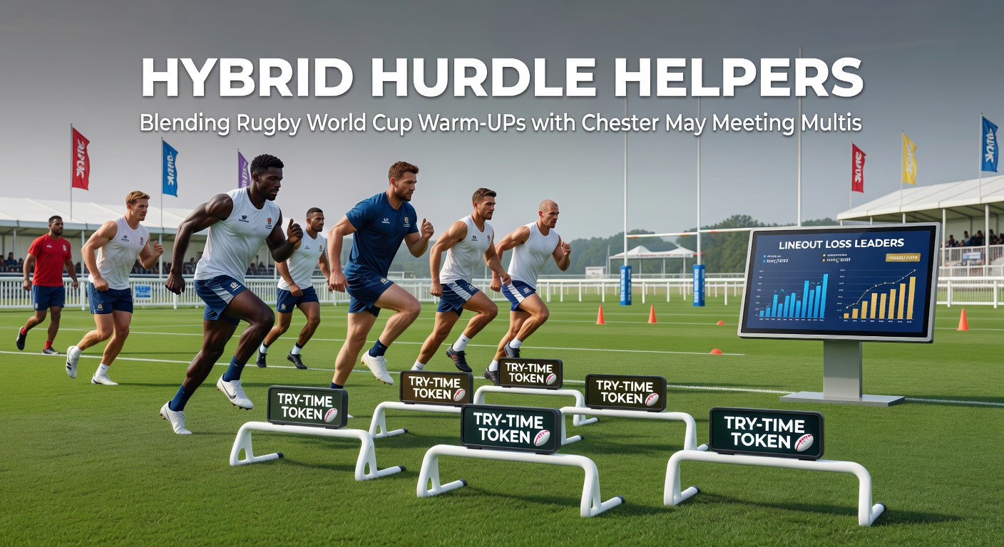 Rugby players in action during a lineout at a World Cup warm-up match, with Chester racecourse in the background overlay