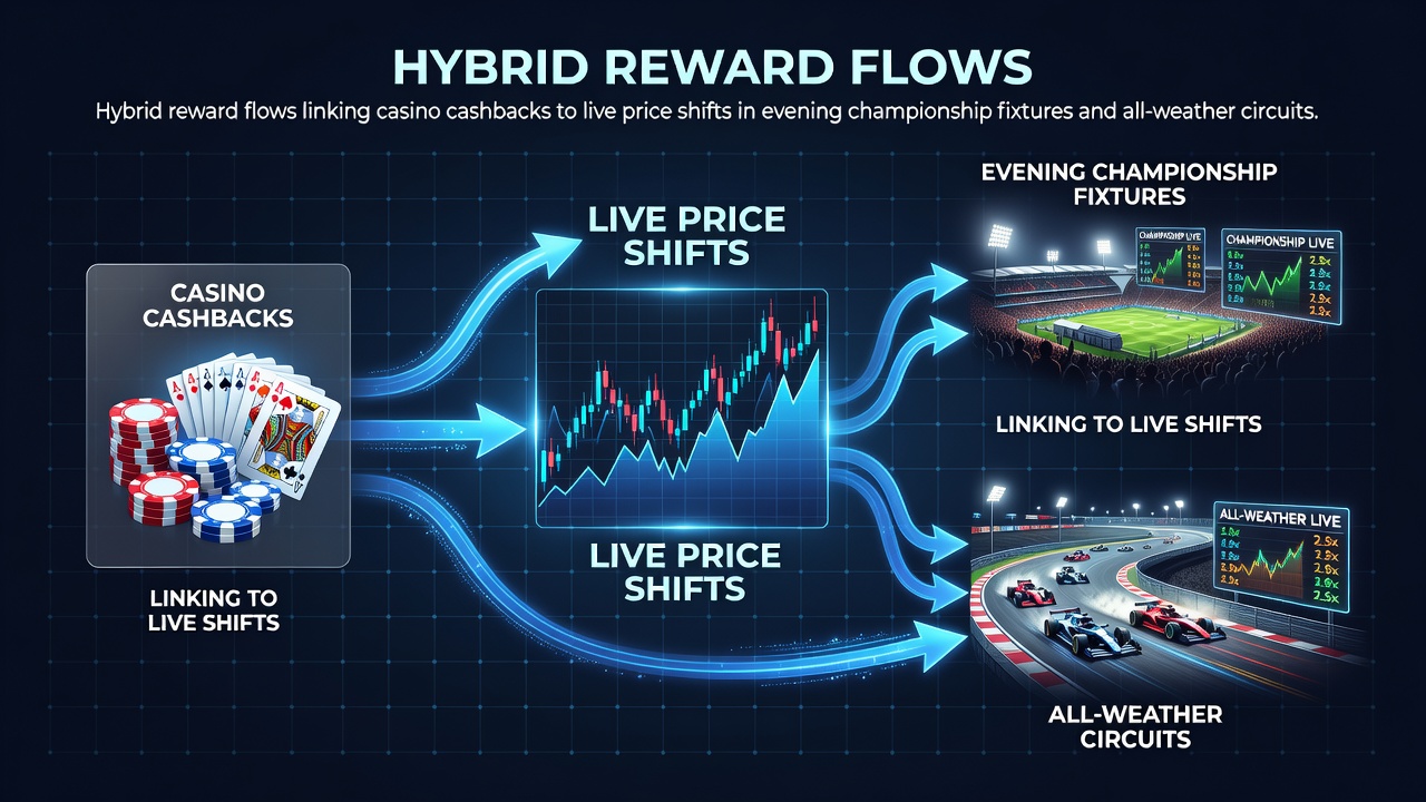 Illustration of casino cashback systems integrating with live betting odds during evening sports events and racing circuits