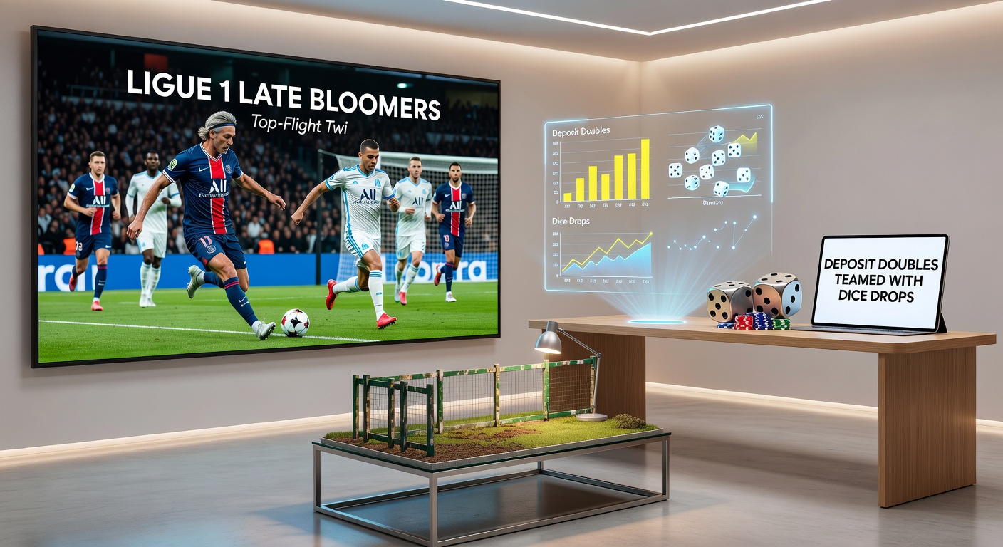 Casino dice drop interface merged with Ligue 1 match highlights and Fontwell fence jumps, illustrating promo integration