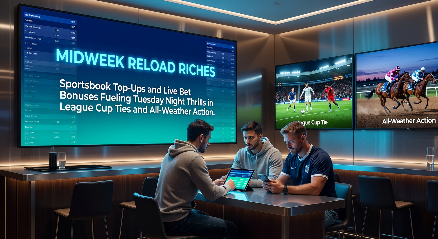 Vibrant screenshot of a sportsbook app displaying reload bonus offers during a live League Cup match and all-weather horse race