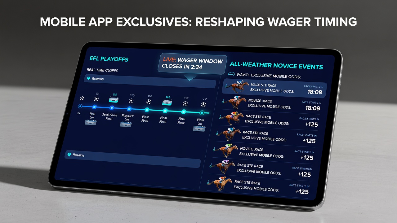 Close-up of a smartphone screen showing live betting interface for EFL playoffs and novice all-weather races