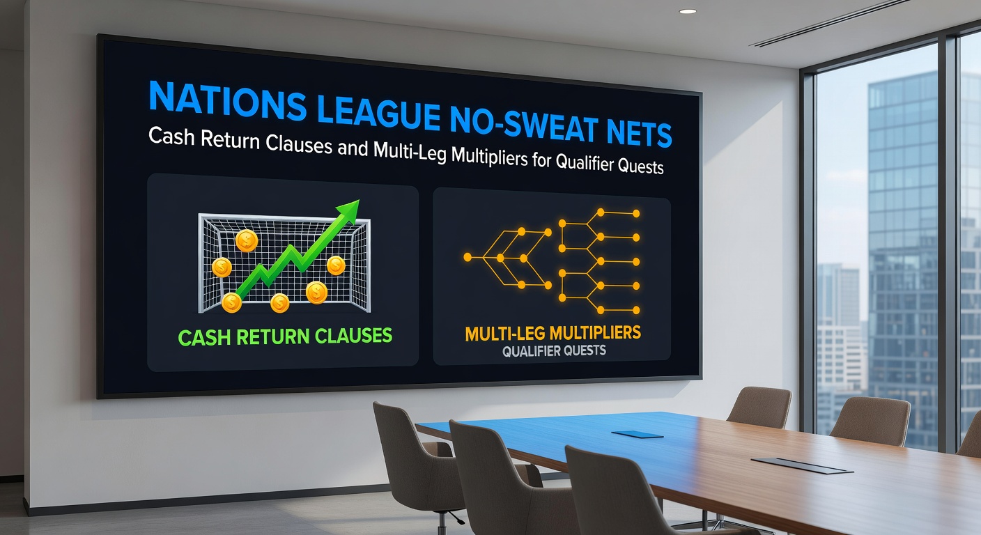 Vibrant graphic showing football nets catching cash refunds alongside hurdle jumps with multiplier icons, highlighting betting promotions for UEFA Nations League qualifiers and horse racing handicaps