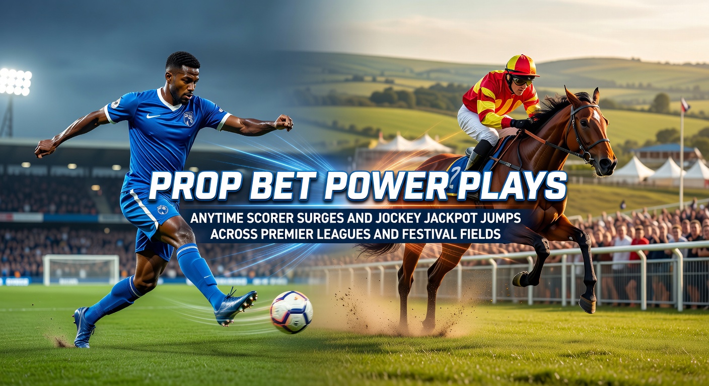 Vibrant stadium scene with a soccer player celebrating a goal alongside a horse racing finish line with jockeys in action, capturing the thrill of prop bets in football and racing