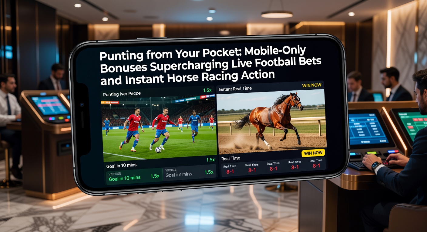 Smartphone displaying live football betting app with mobile bonus notification overlaying a dynamic in-play match screen
