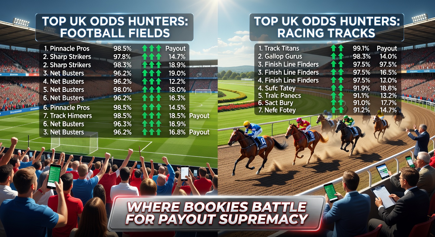 Collage of football pitches and horse racing tracks with overlaid bookmaker logos competing for best odds displays