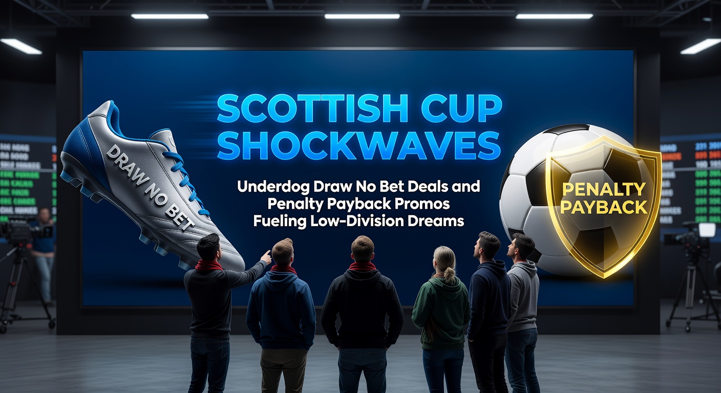 A jubilant low-division Scottish Cup underdog team celebrates a shock victory over a top-flight giant, crowd roaring in the background