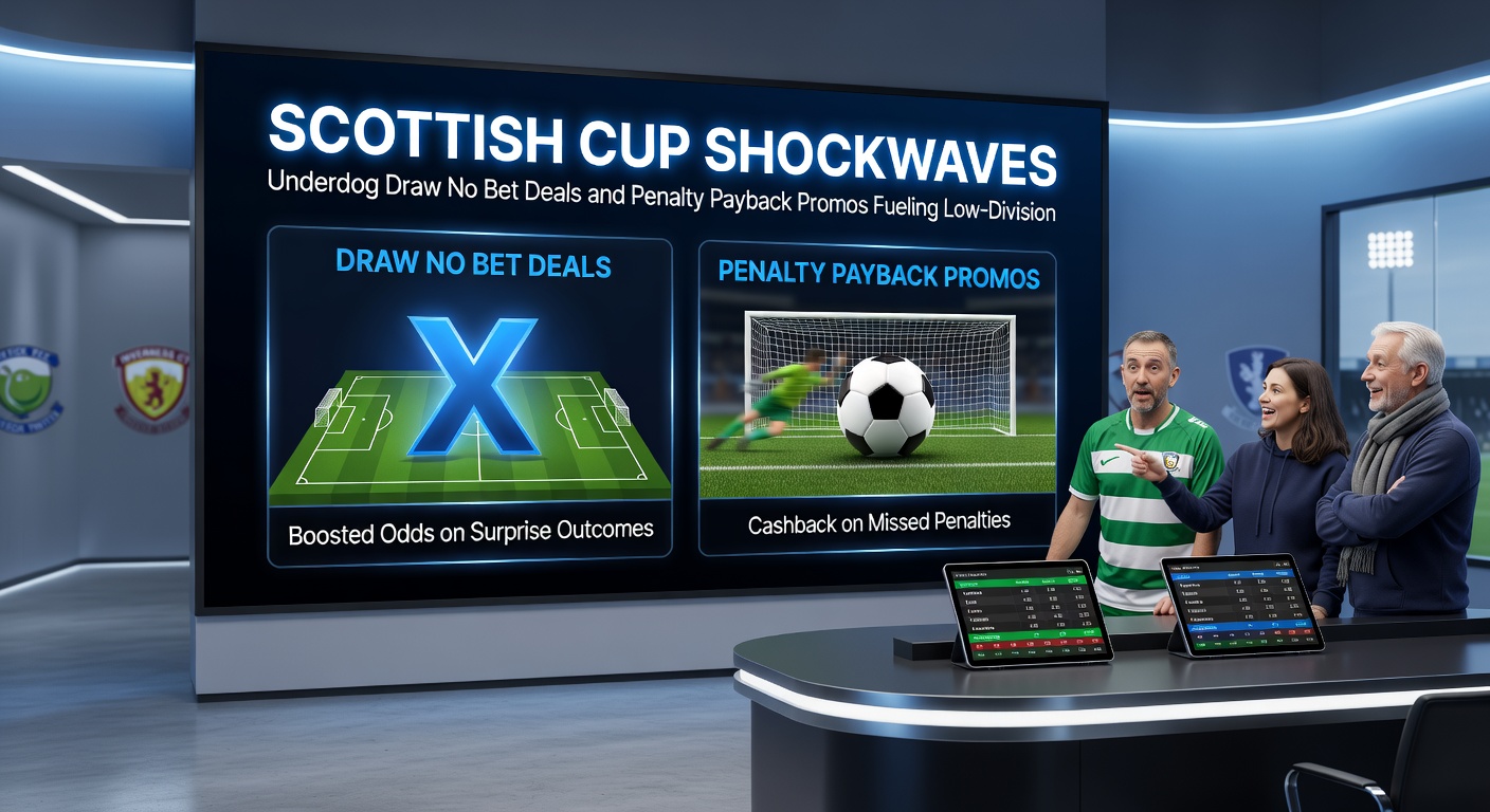 Close-up of a tense Scottish Cup penalty shootout, underdog player striking the ball amid roaring fans and dejected opponents