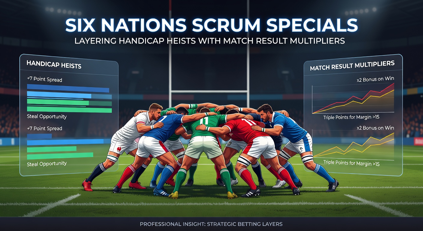 Rugby players in a intense scrum during Six Nations match, highlighting handicap betting action