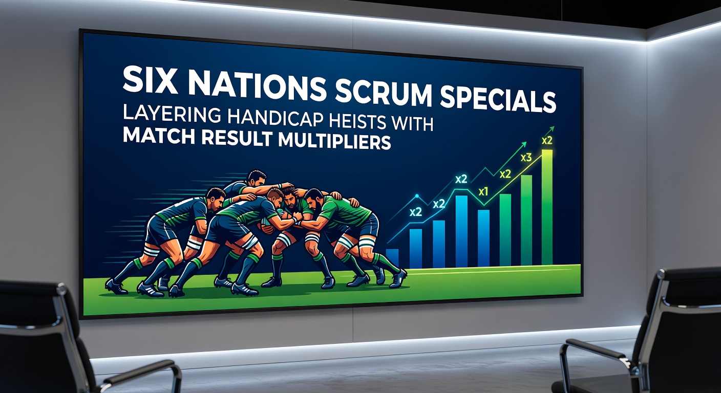 Dynamic graphic showing layered betting slips for Six Nations handicaps and multipliers on a digital sportsbook interface