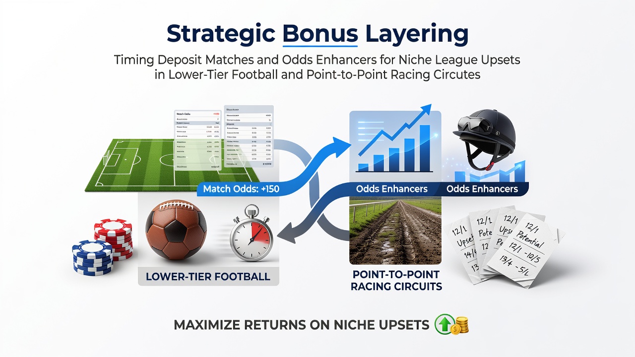 Strategic bonus layering diagram showing deposit match timing with odds enhancers for lower-tier football and point-to-point racing events