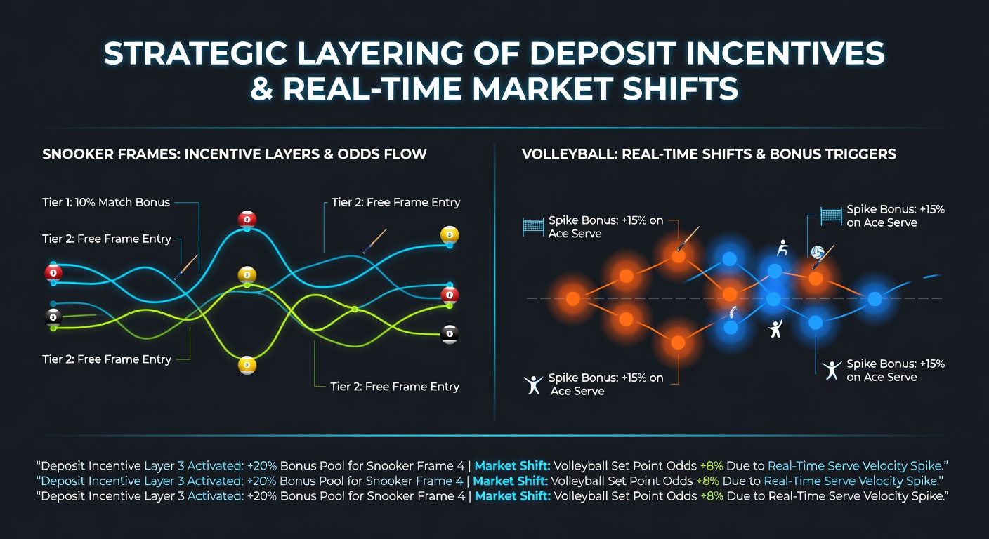 Live odds fluctuations and bonus layering examples in snooker frames and volleyball rallies