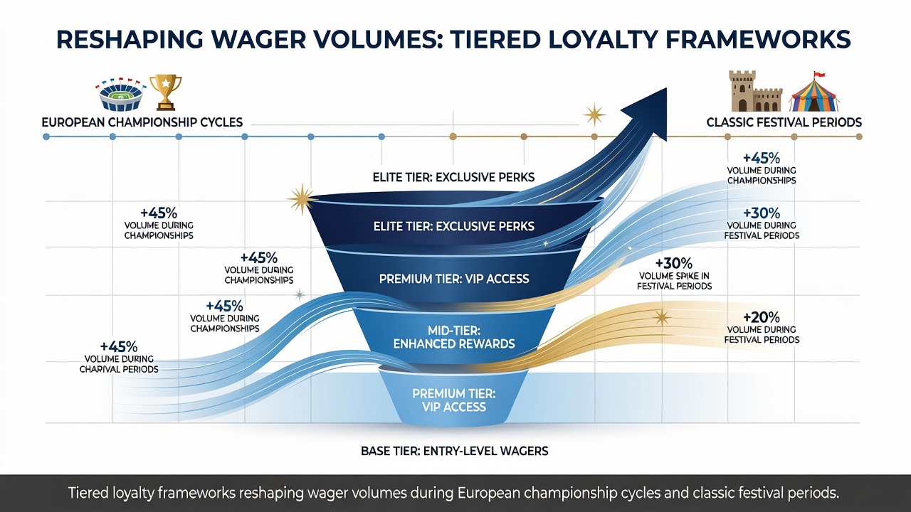 Tiered loyalty program dashboard showing escalating reward levels for sports bettors during major events