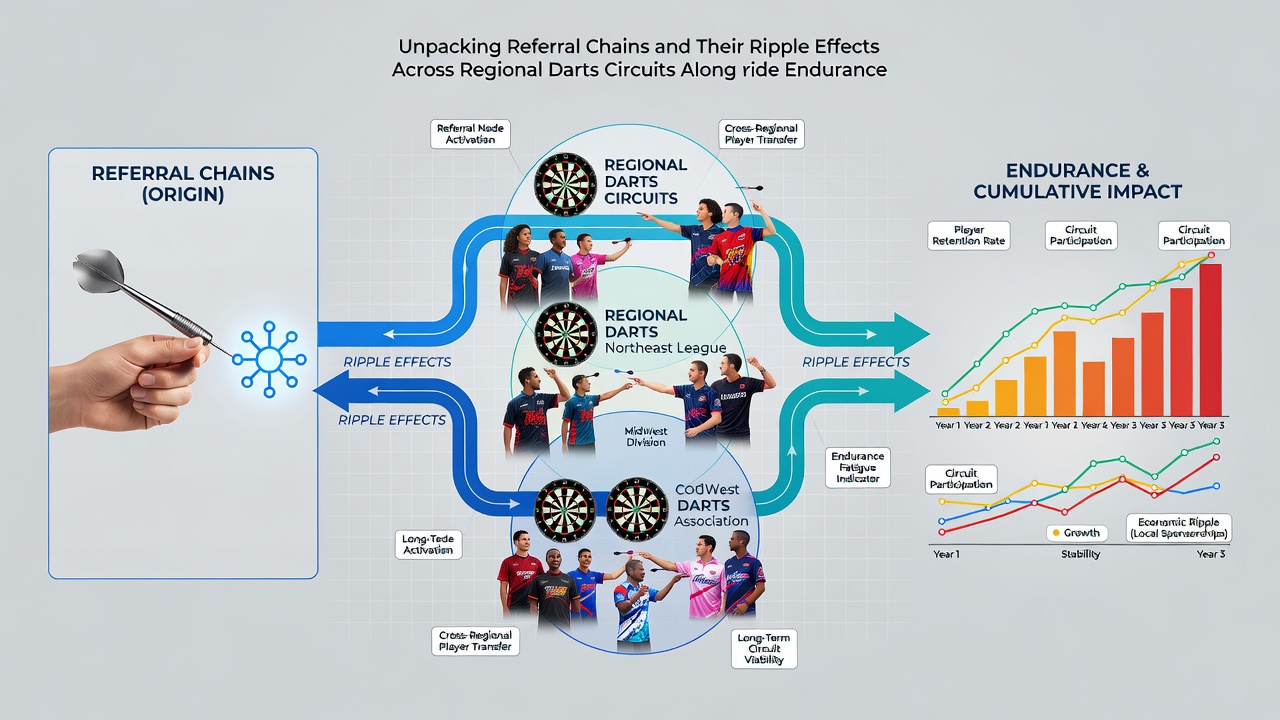 Community sports events showing interconnected darts and cycling participants building referral networks