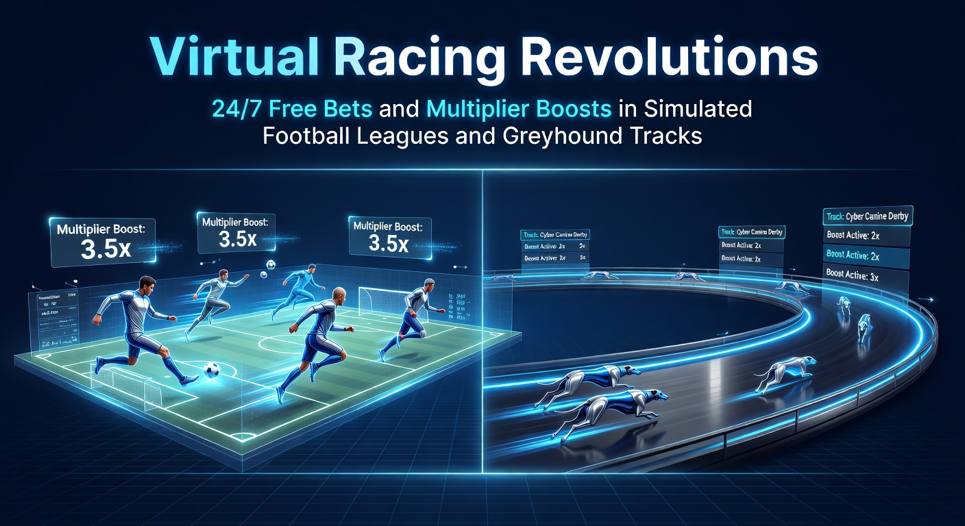 Dynamic simulation of a virtual football match with betting overlays showing live odds and free bet promotions
