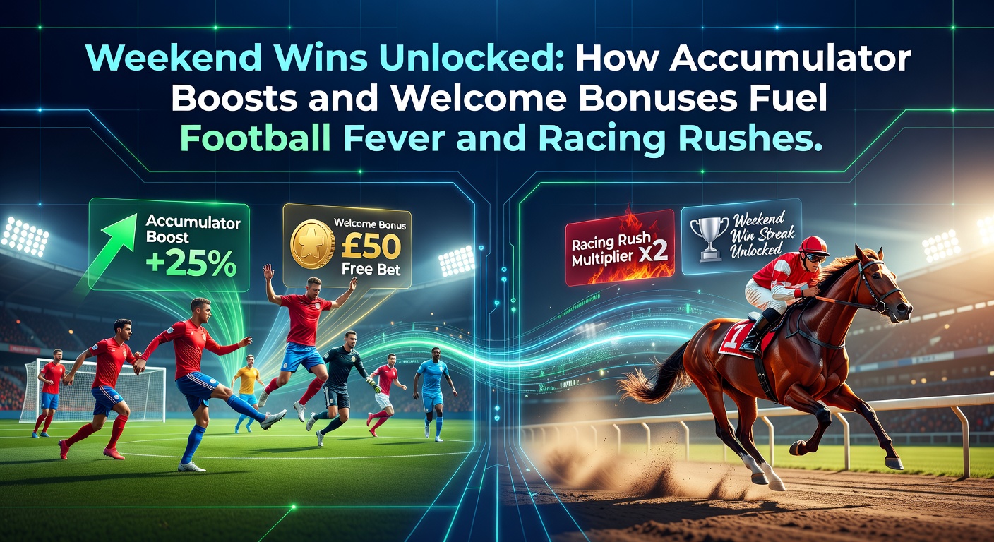 Vibrant stadium crowd cheering during a weekend football match with overlaid graphics of accumulator bets and boosting arrows