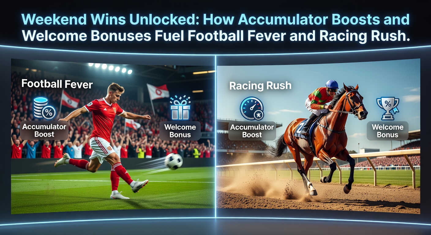 Horse racing action on a sunny weekend track with digital overlays showing accumulator boosts and bonus icons