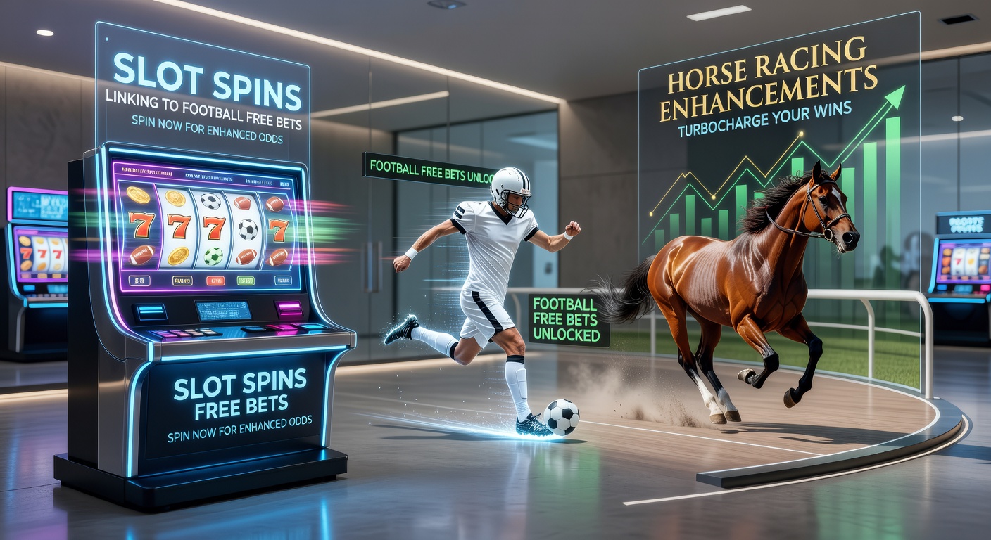 Vibrant casino slot machine reels blending seamlessly into a football pitch and horse racing paddock scene, symbolizing the crossover promotions in betting platforms