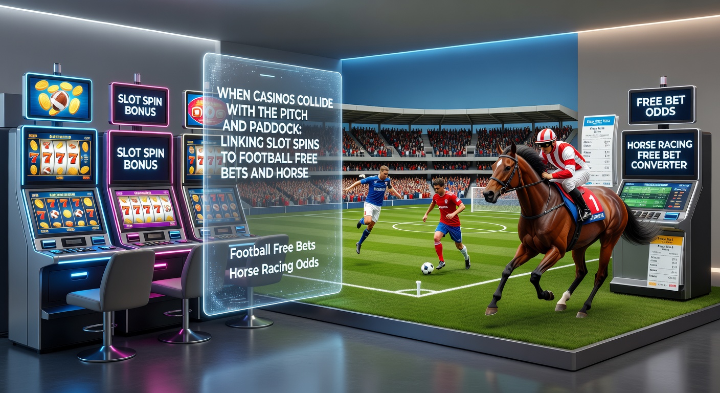 Dynamic split-image of slot reels exploding into confetti over a horse racing finish line and football goal celebration, highlighting reward linkages